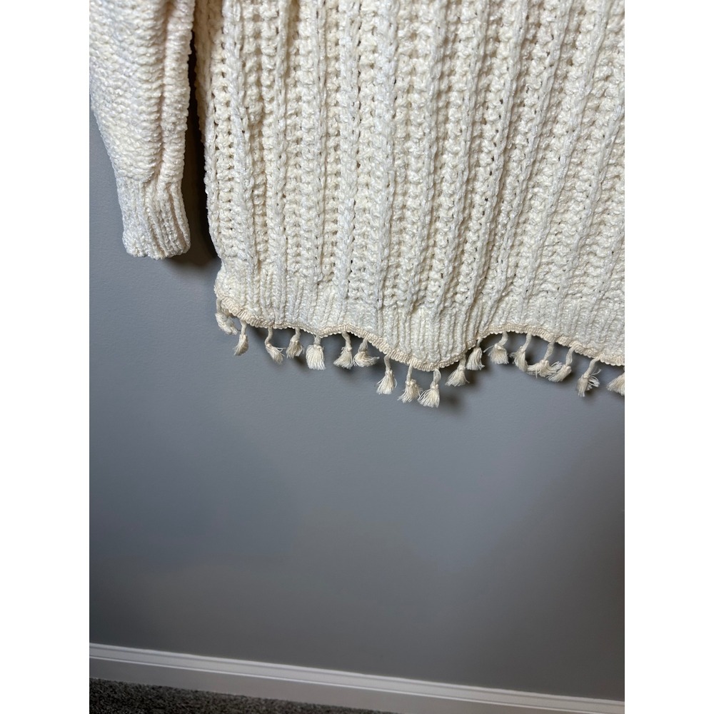 Cream White Chenille Ribbed Knit Tassel Fringe Pullover Sweater XL - Picture 4 of 5